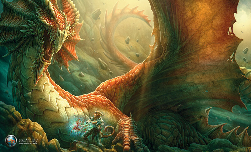 Dragon and adventurer in cave