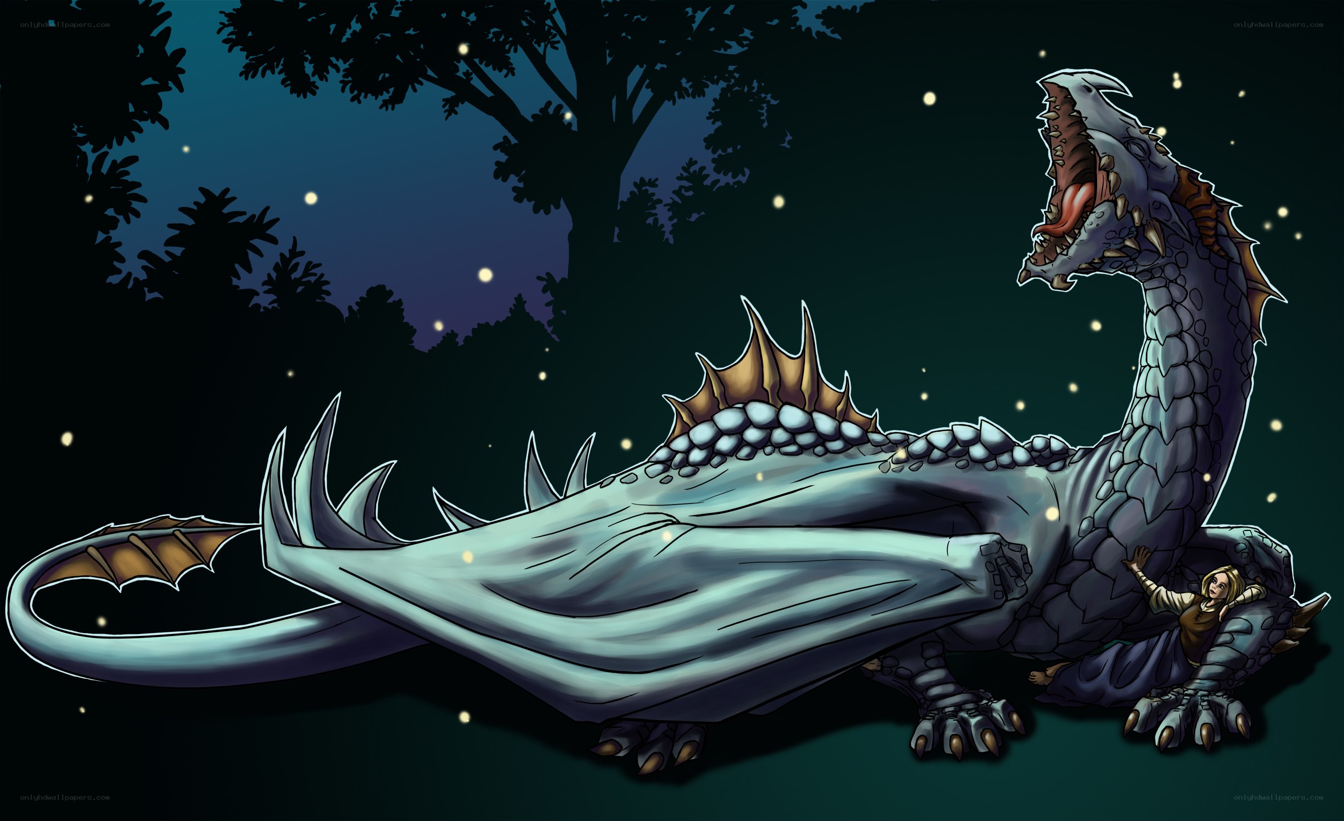 Dragon and adventurer in forest