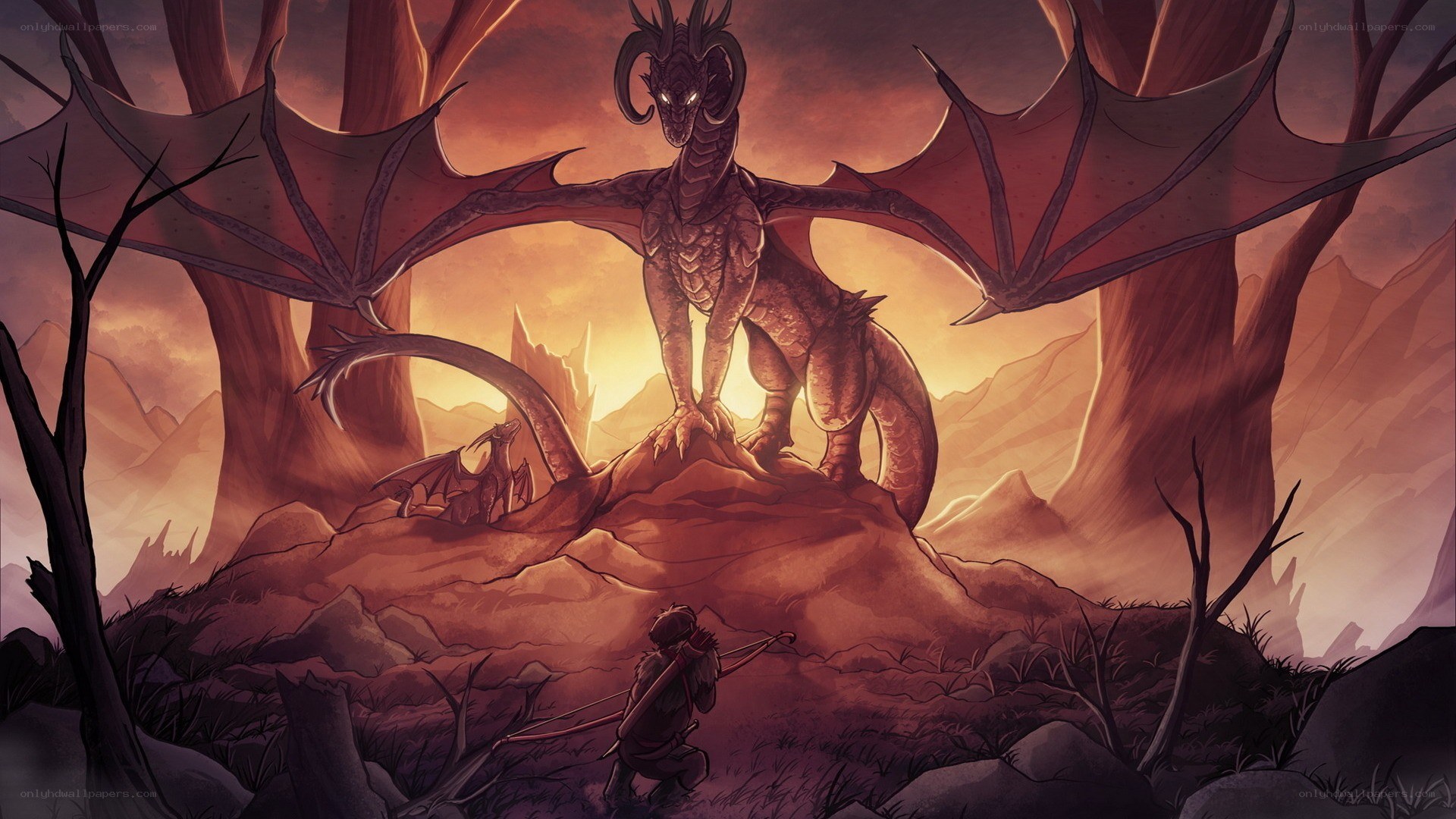 Dragon and adventurer in sunset