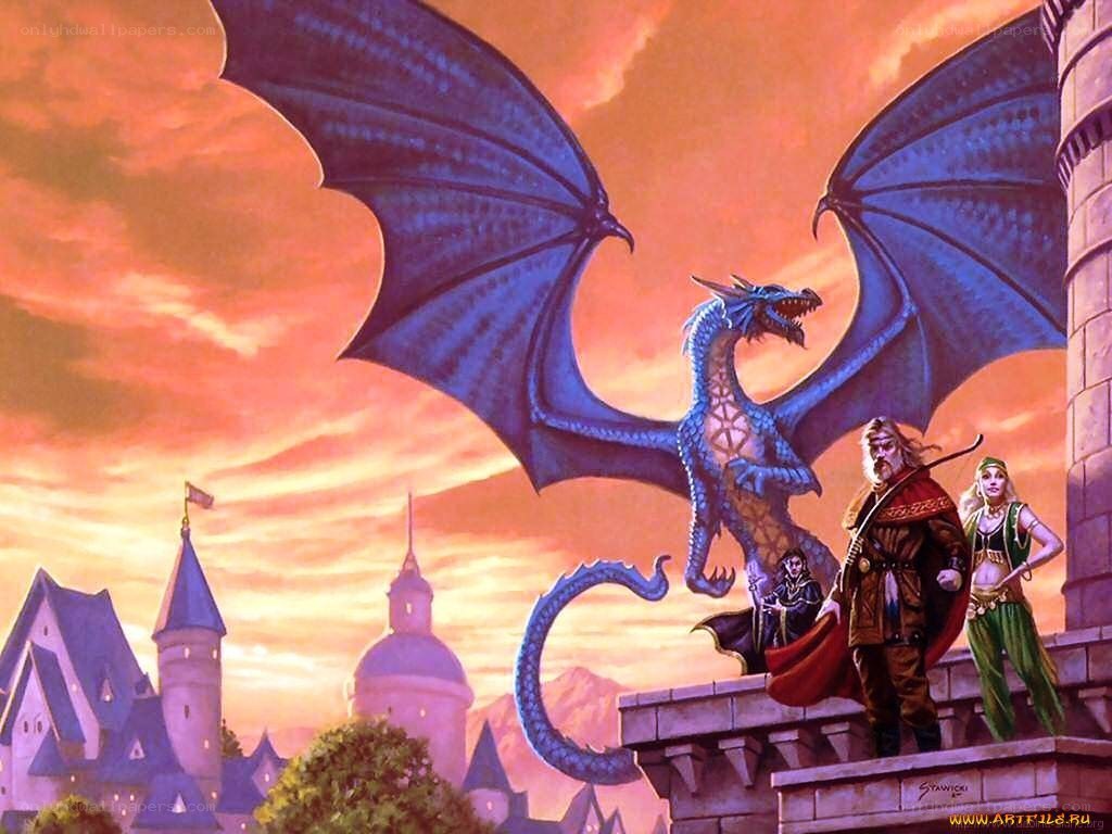 dragon and adventurers at sunset
