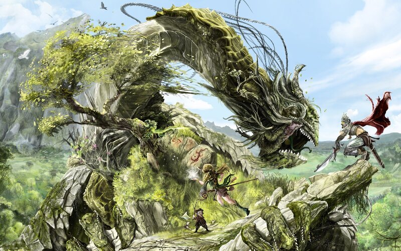 Dragon and Adventurers — Green, Dramatic, Afternoon, Digital Art, Mountain