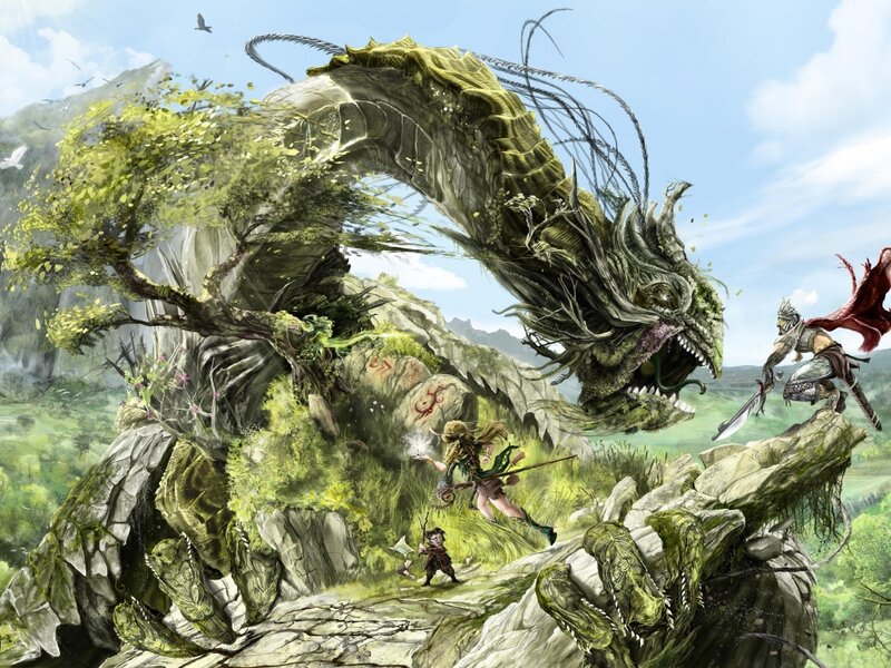 Dragon and Adventurers — Green, Dramatic, Afternoon, Digital Art