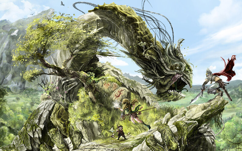 Dragon and Adventurers — Green, Dramatic, Afternoon
