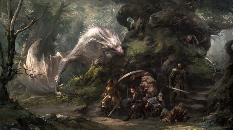 Dragon and Adventurers — Green, Dramatic, Digital Art, Forest