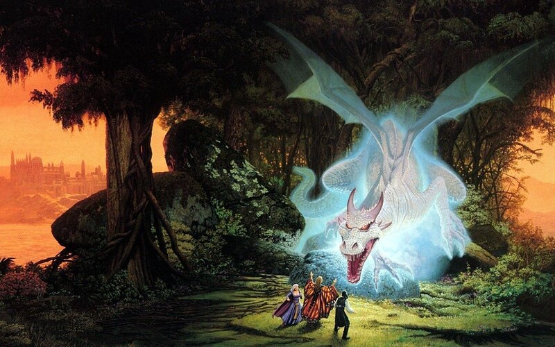 Dragon and Adventurers — Green, Dramatic, Sunset