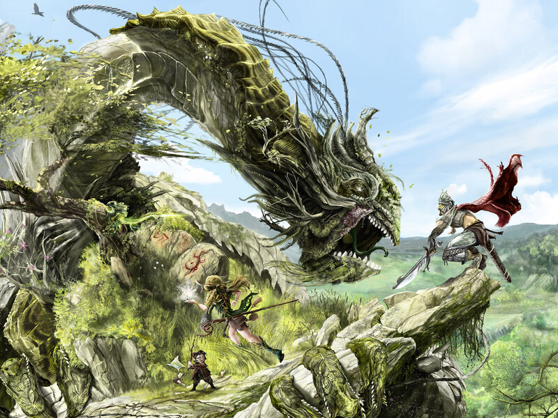 Dragon and Adventurers — Green, Dramatic