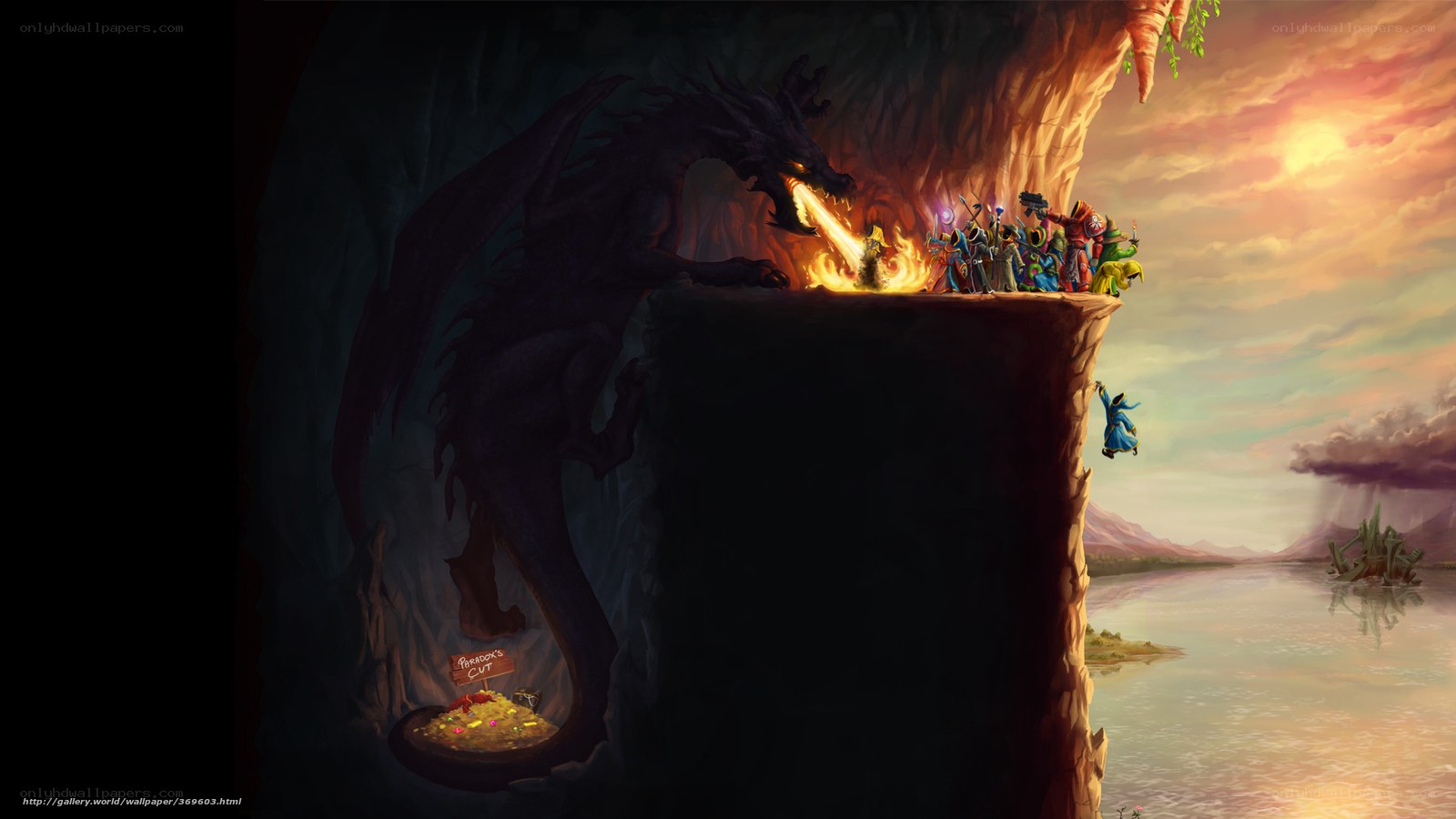 Dragon and adventurers in a cave