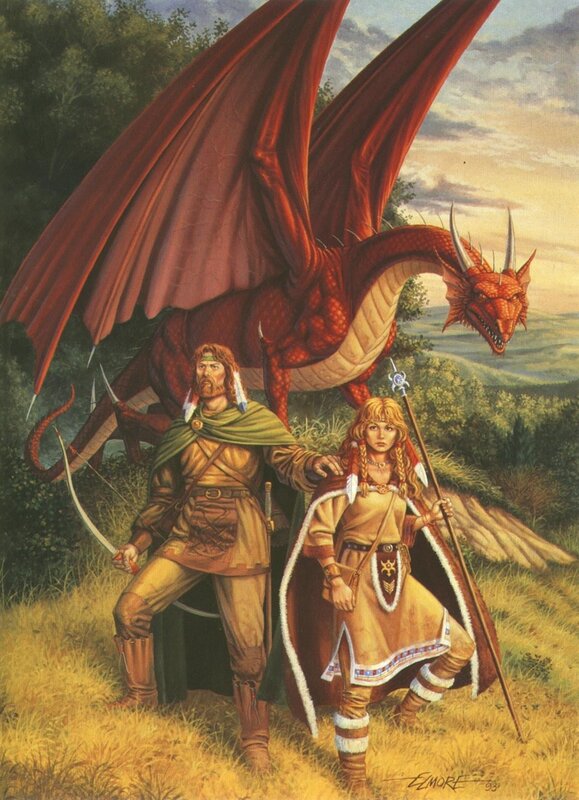 Dragon and adventurers in a field