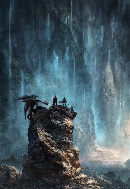 Dragon and adventurers on a cliff