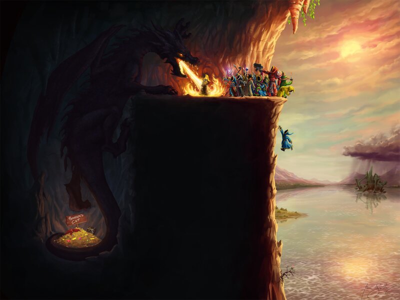 Dragon and Adventurers — Orange, Dramatic, Sunset, Digital Art