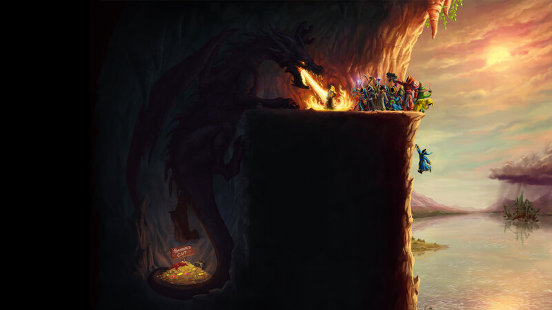Dragon and Adventurers — Orange, Dramatic, Sunset