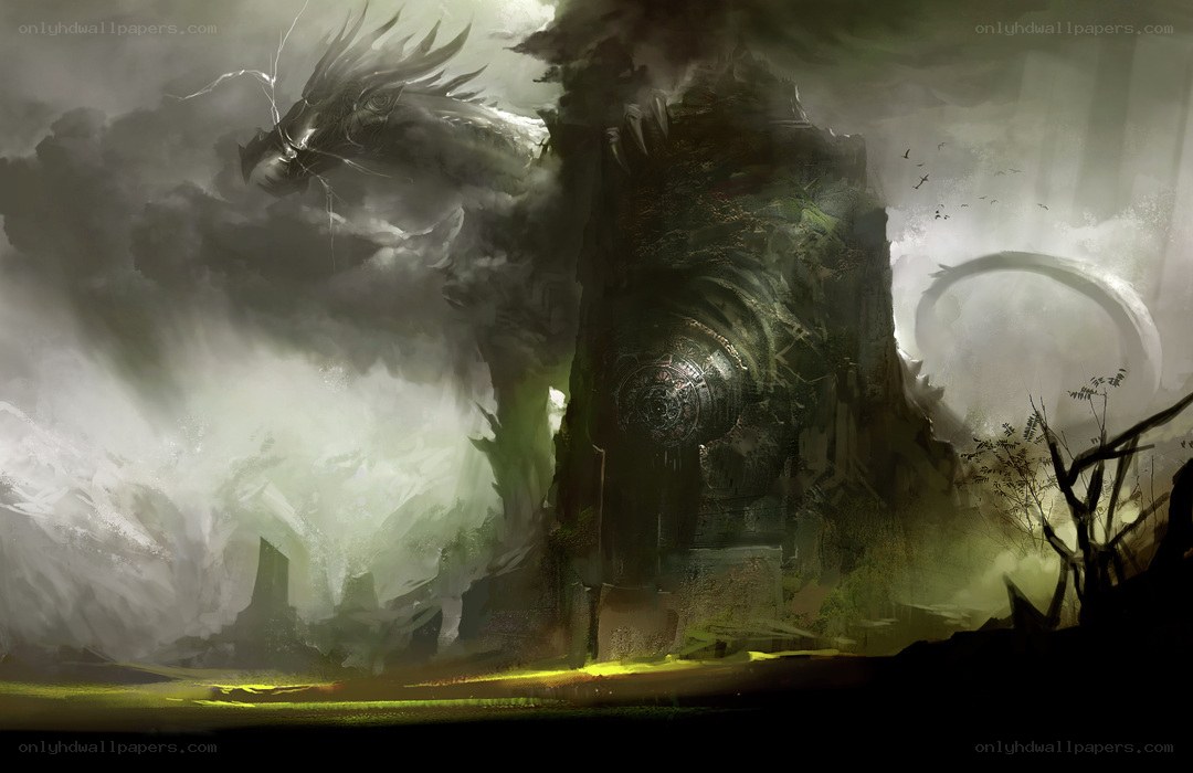 Dragon and ancient ruin