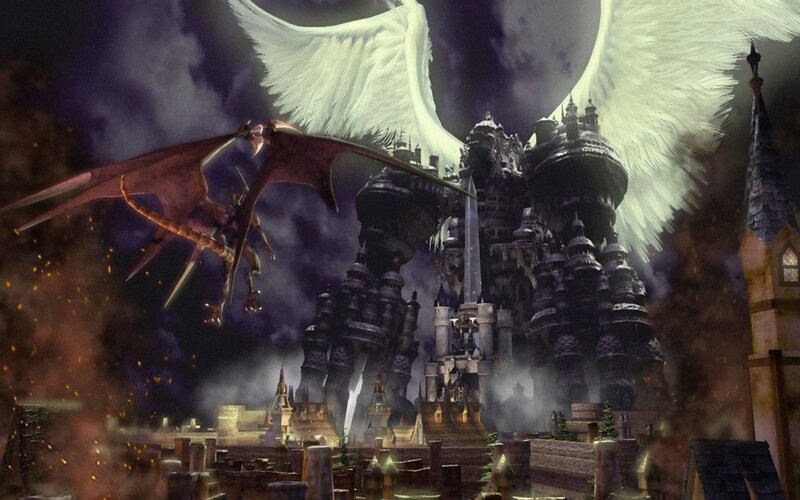 Dragon and Angel over Castle — Black, Dramatic