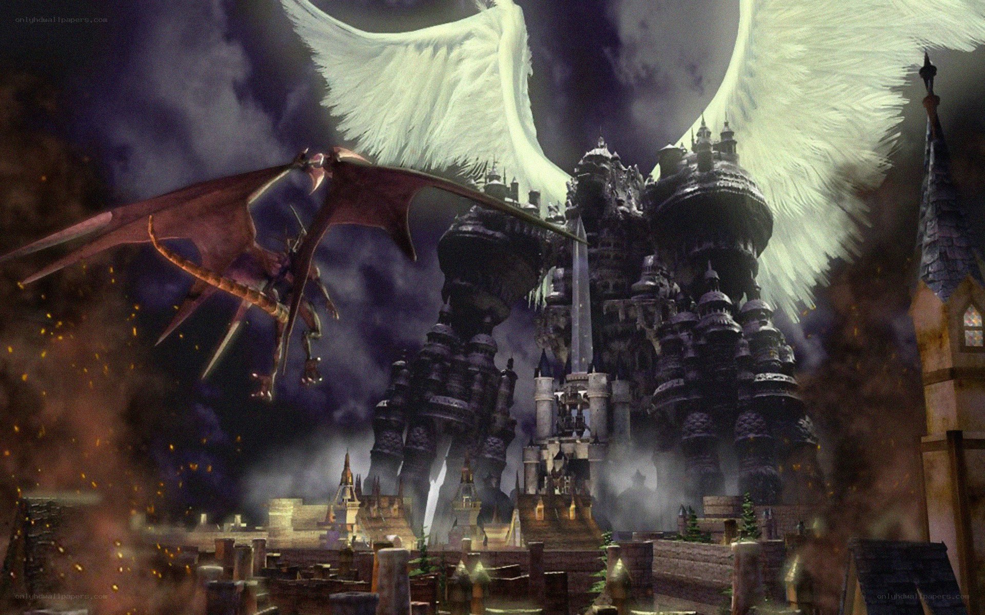 dragon and angel over castle