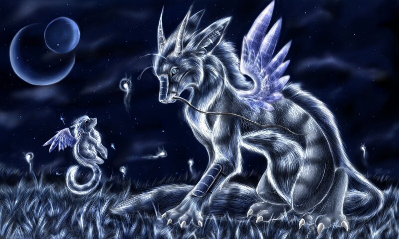 dragon and baby dragon at night