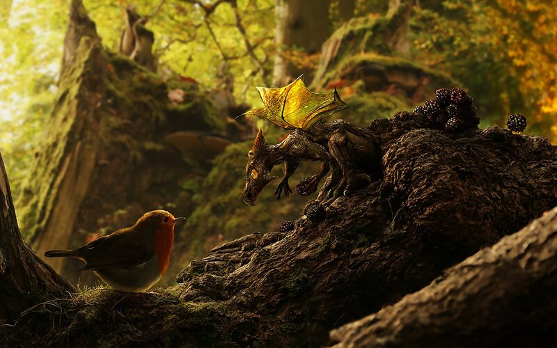 Dragon and Bird in Forest — Green