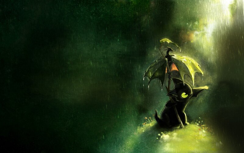dragon and cat in rain