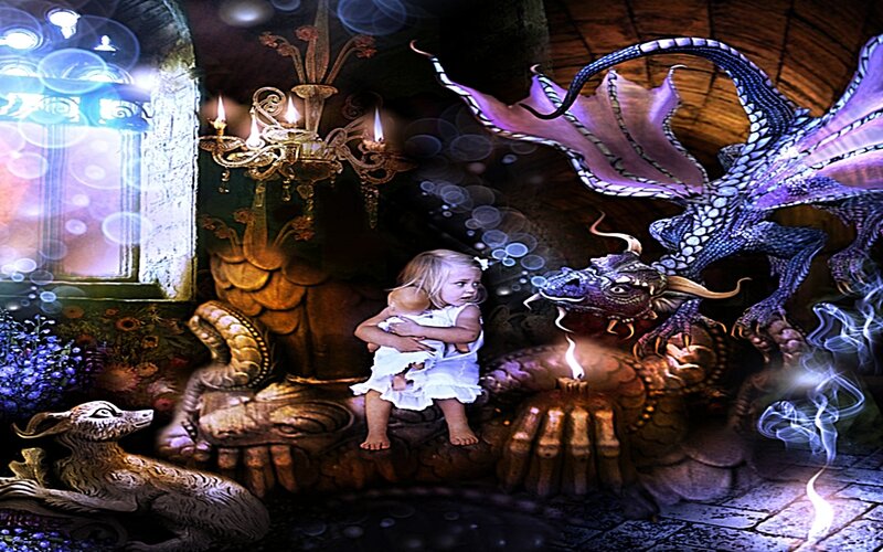 Dragon and child in a castle