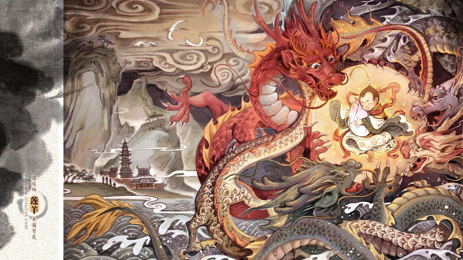 Dragon and child in a mythic landscape