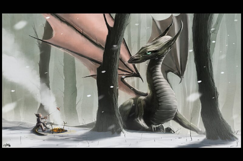 Dragon and Child in Forest — Gray, Serene