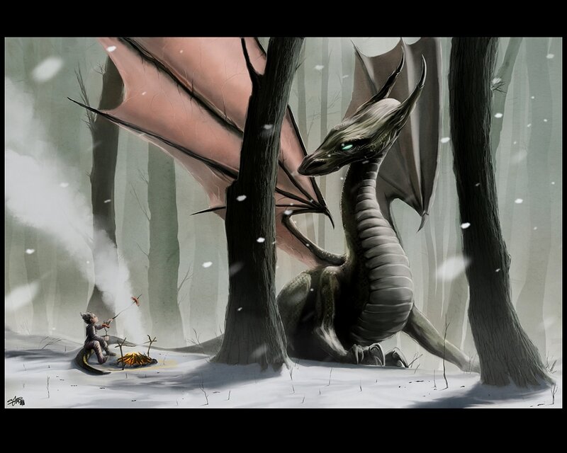 Dragon and Child in Forest — Gray
