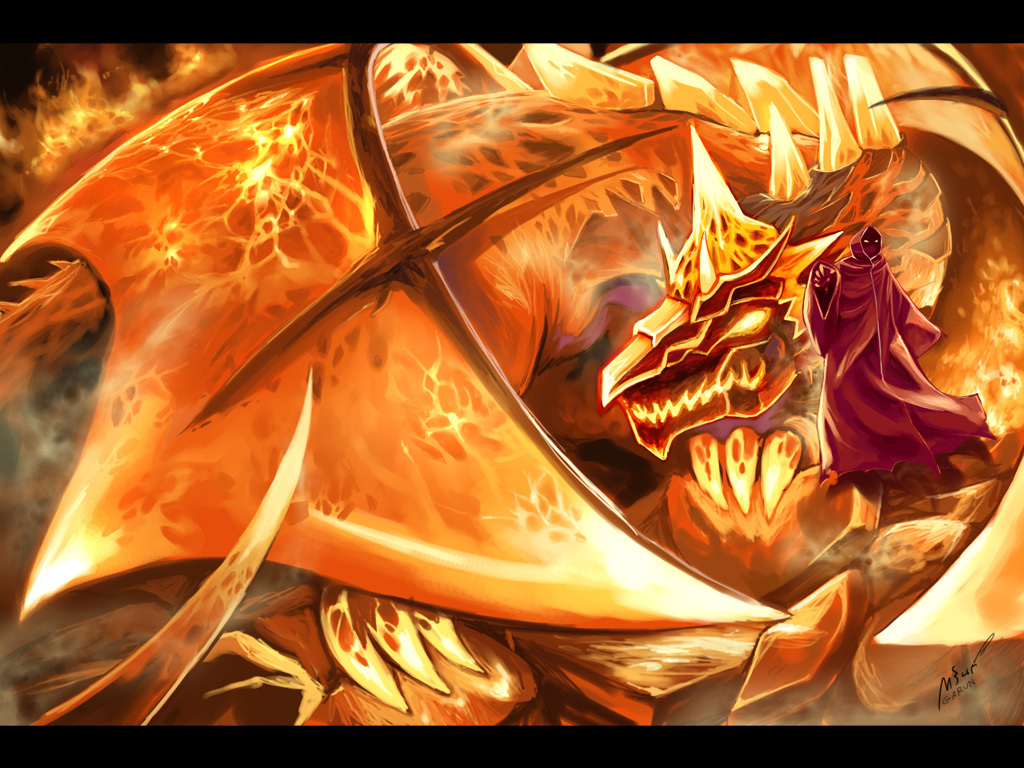 dragon and cloaked figure