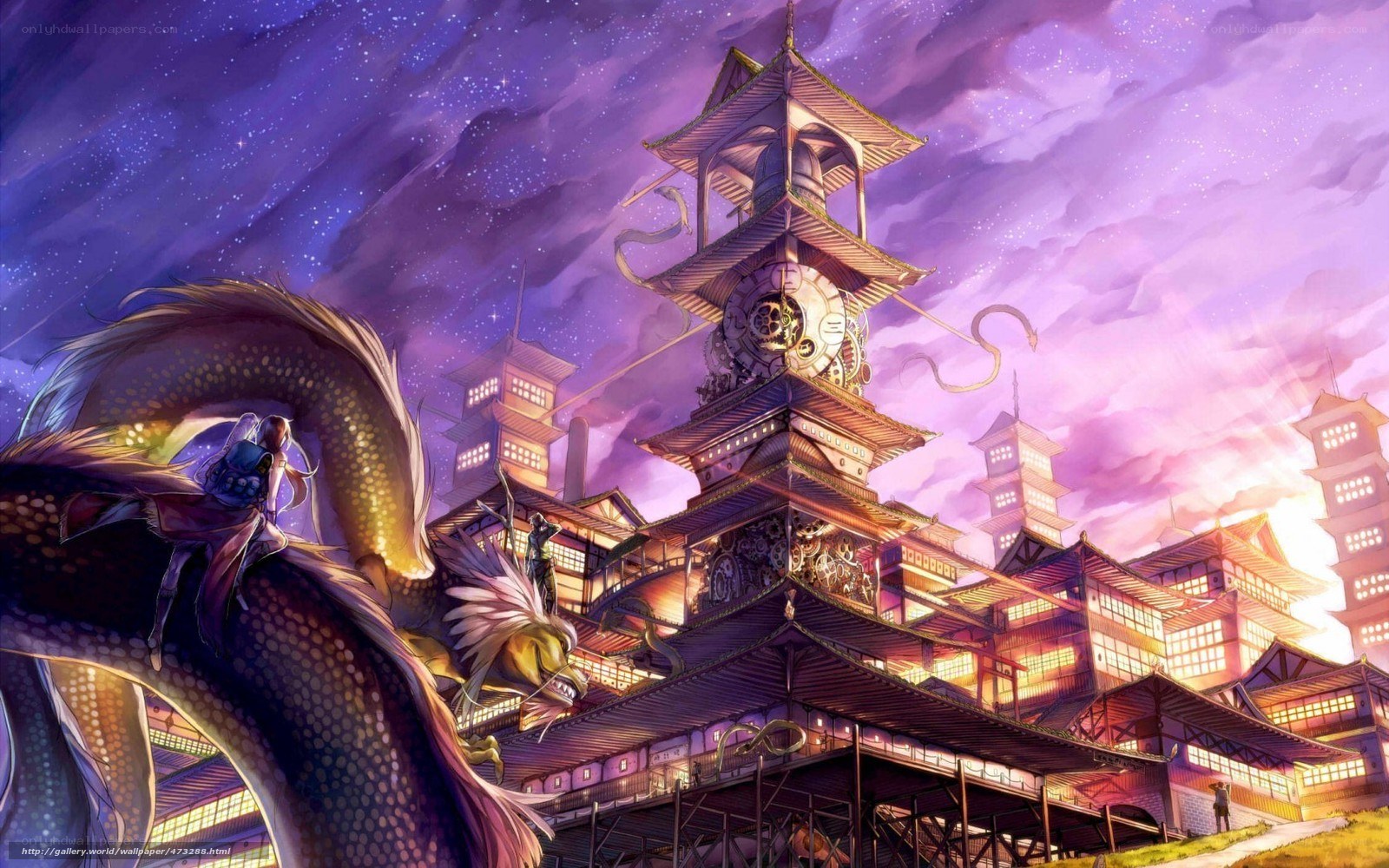 Dragon and clock tower at night