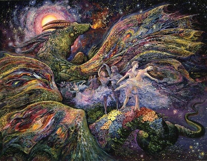 Dragon and dancers in cosmic scene