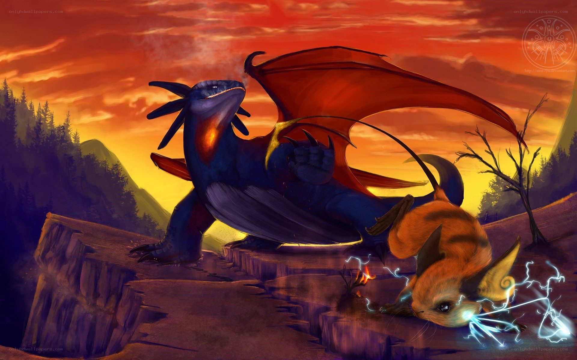dragon and electric creature at sunset