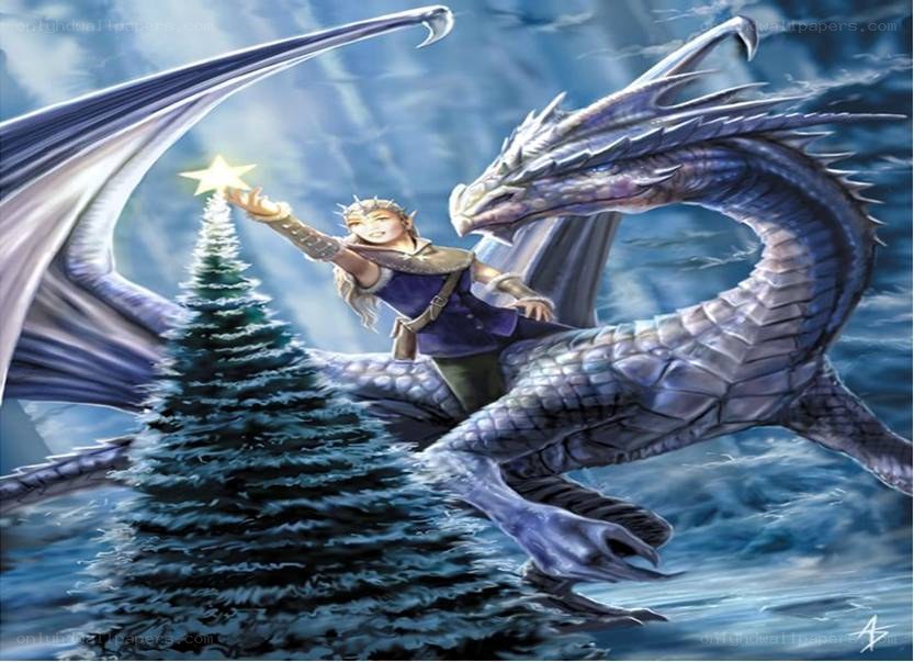 dragon and elf with Christmas tree