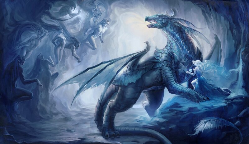 Dragon and ethereal figures