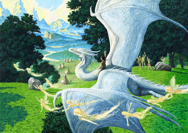 Dragon and fairies in a valley