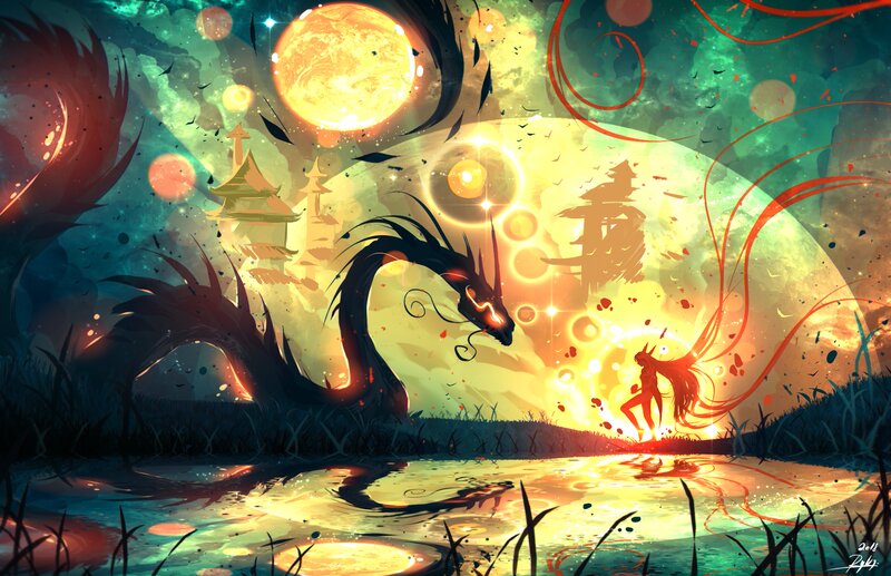 Dragon and Figure in Moonlight
