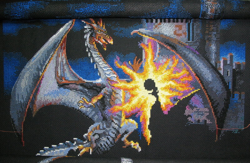 Dragon and fire spell cross-stitch