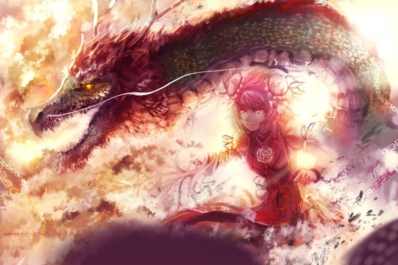 dragon and girl in fiery scene