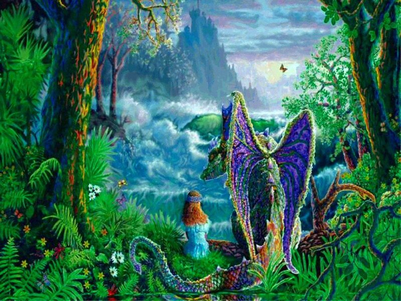 Dragon and Girl in Forest — Green