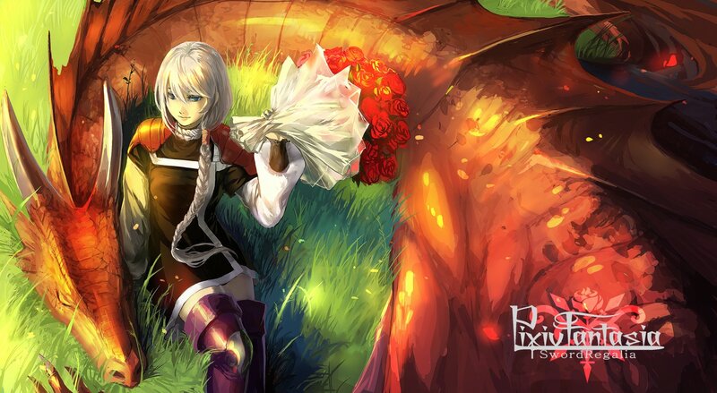 dragon and girl with roses