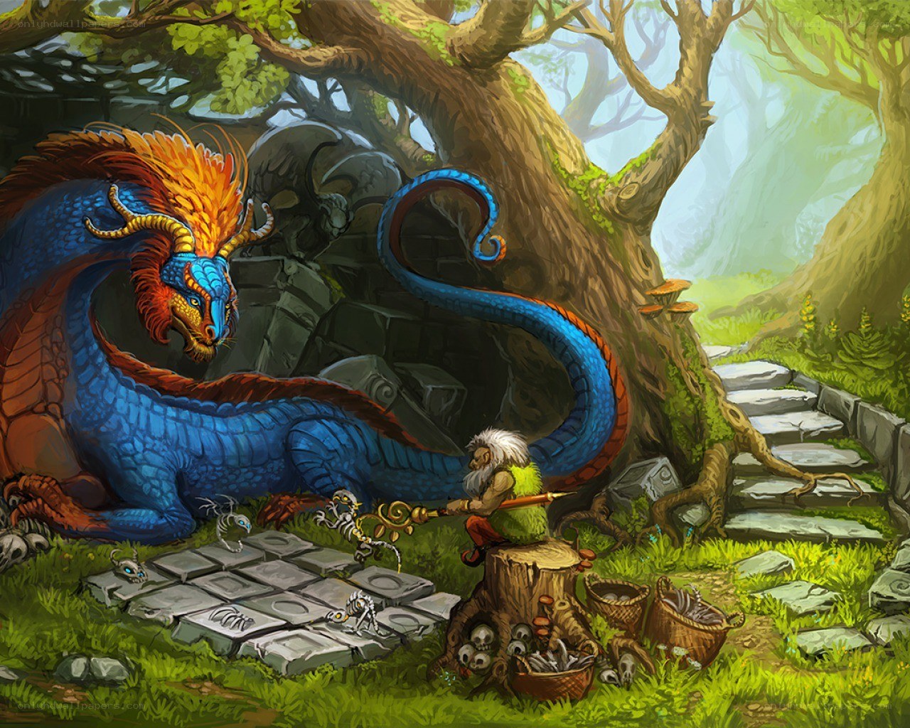 Dragon and gnome in a forest
