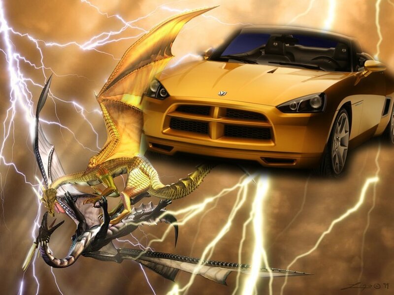 Dragon and golden car in lightning storm