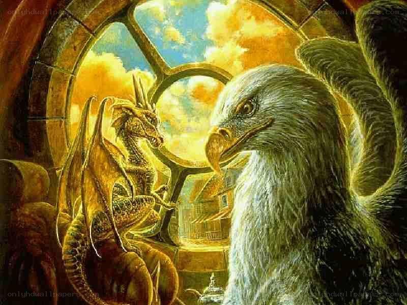 dragon and griffin in a tower