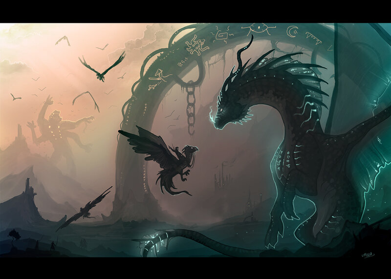 Dragon and griffin in ancient ruins