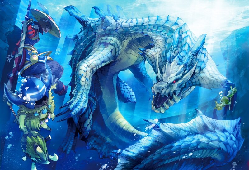 Dragon and Hunters Underwater — Blue, Dramatic