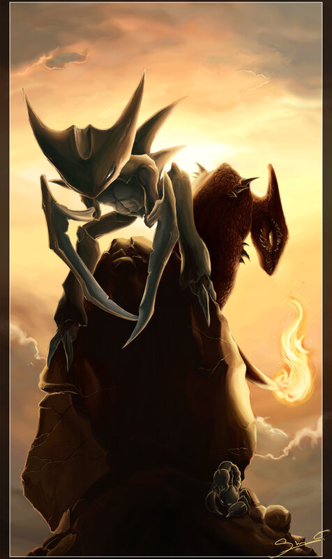 dragon and insectoid creature