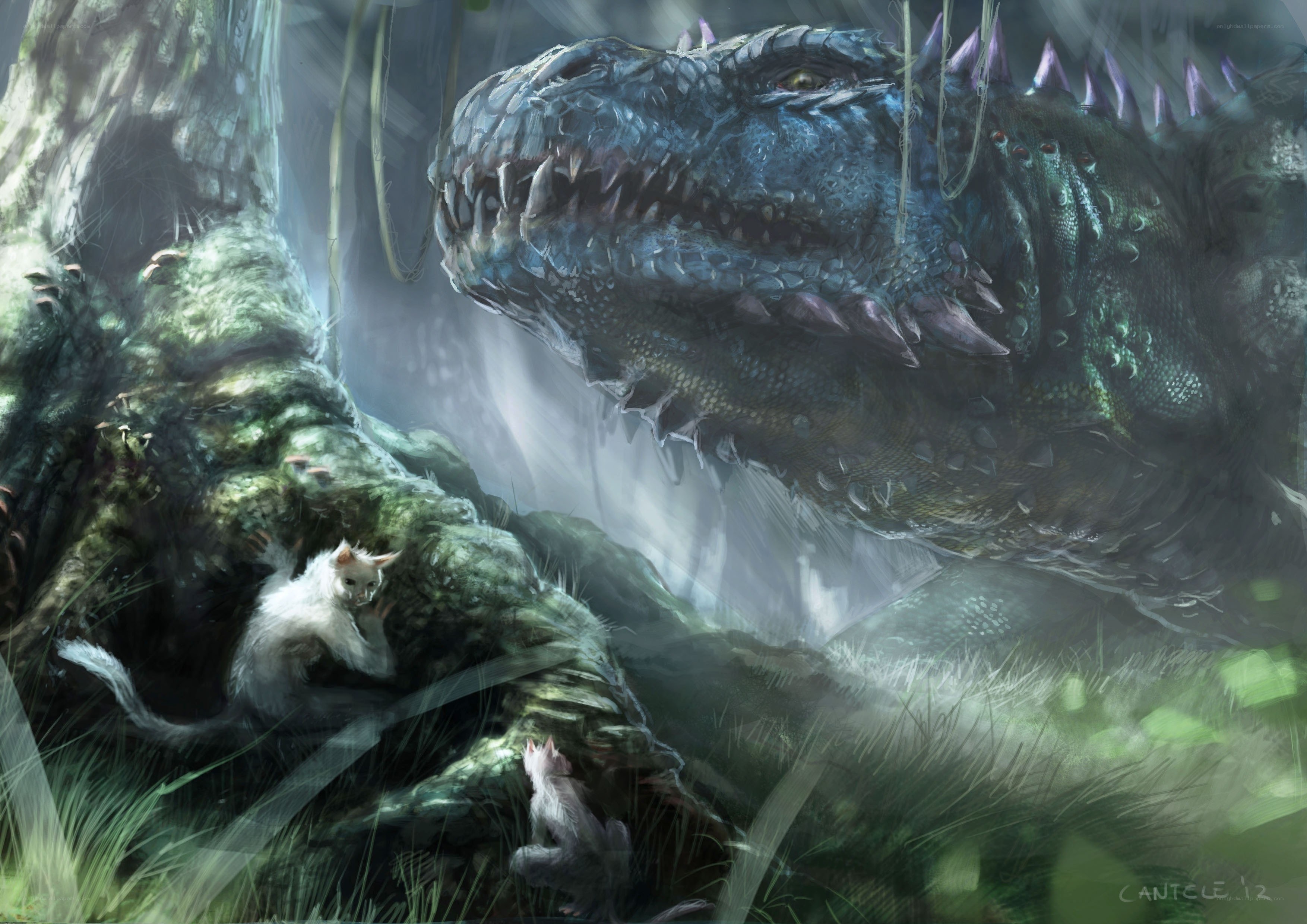 dragon and kittens in jungle