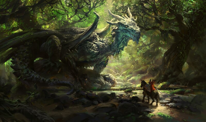 Dragon and Knight in Forest — Green