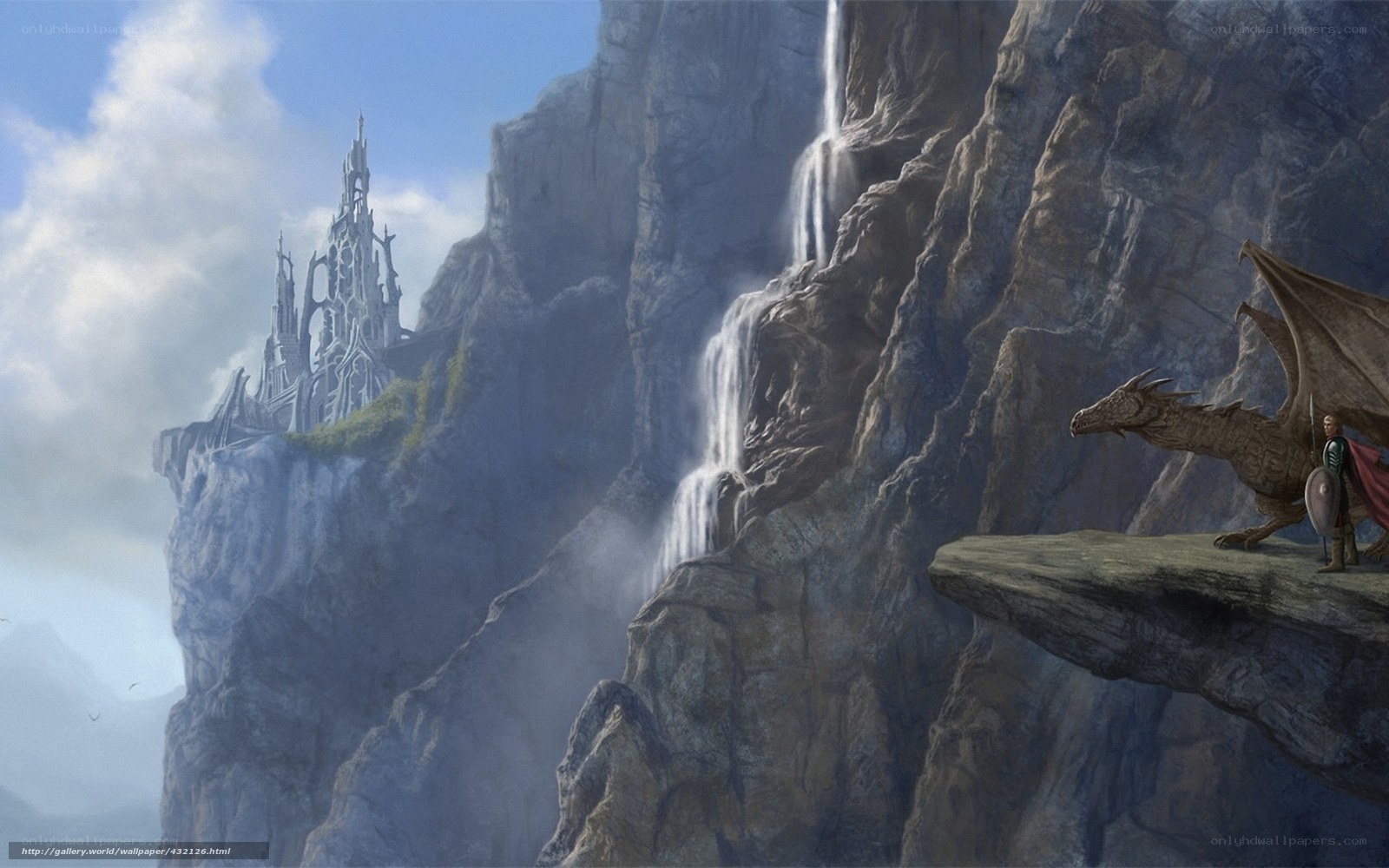 Dragon and knight on a cliff