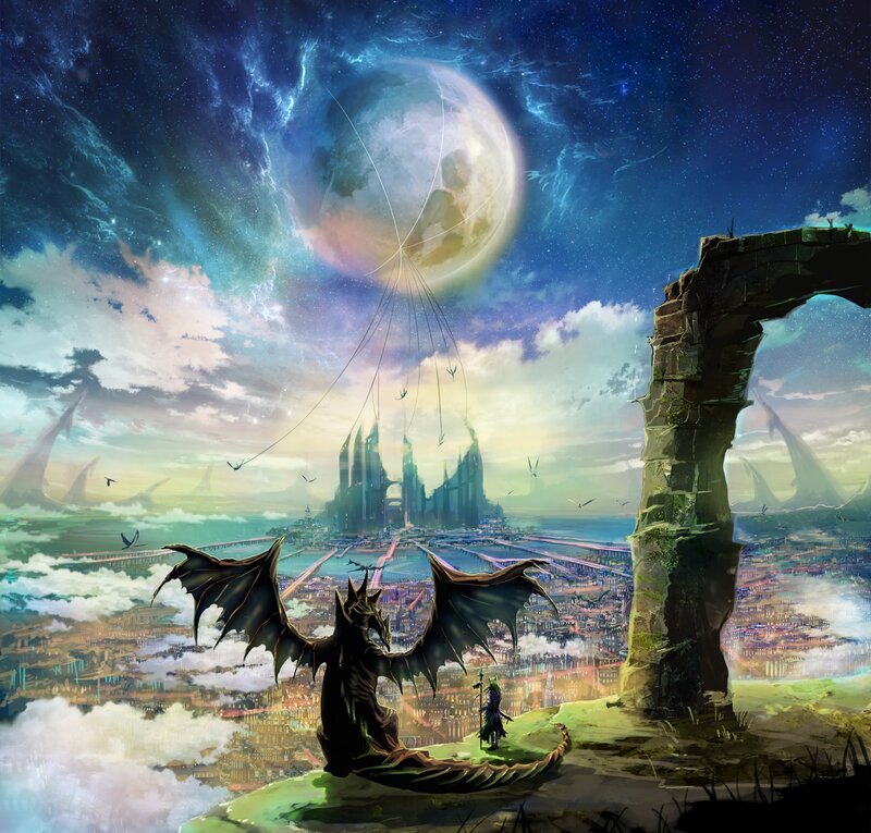 Dragon and Knight on Cliff
