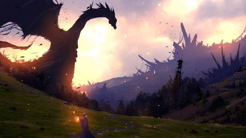 Dragon and Knight on Hill