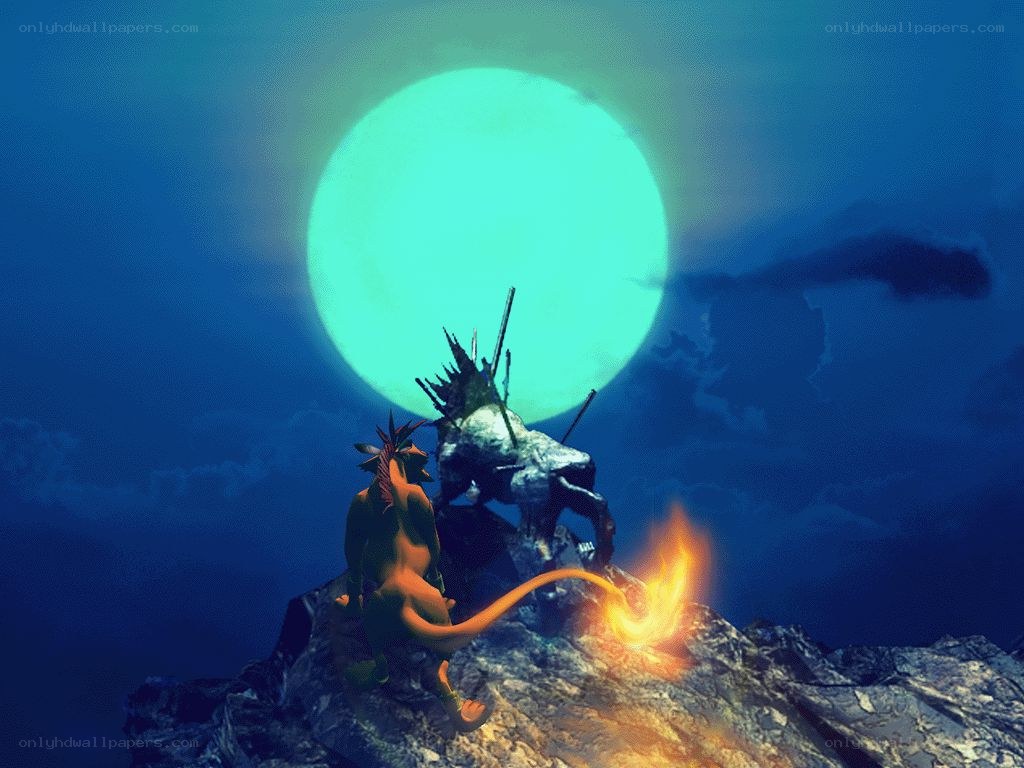 dragon and knight under green moon