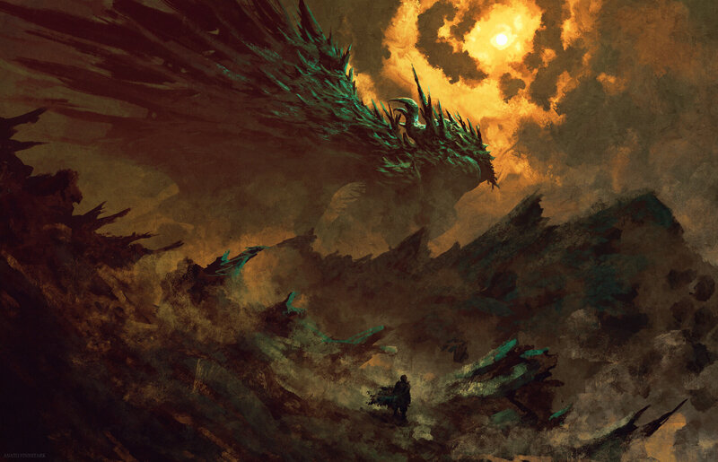 Dragon and Lone Figure — Brown